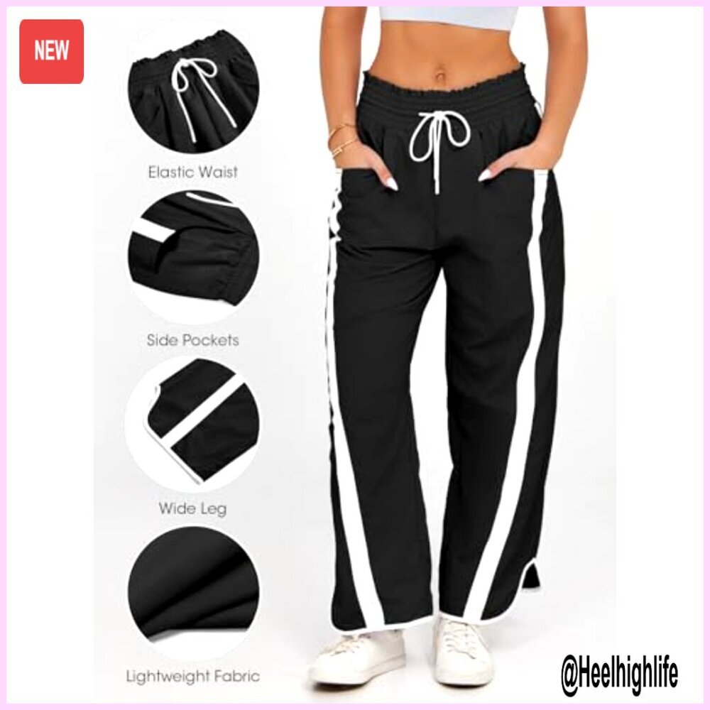 Baggy Wide Leg Track Pants Elastic Waist 7/8 Length Polyamide Activewear - Picture 3 of 7